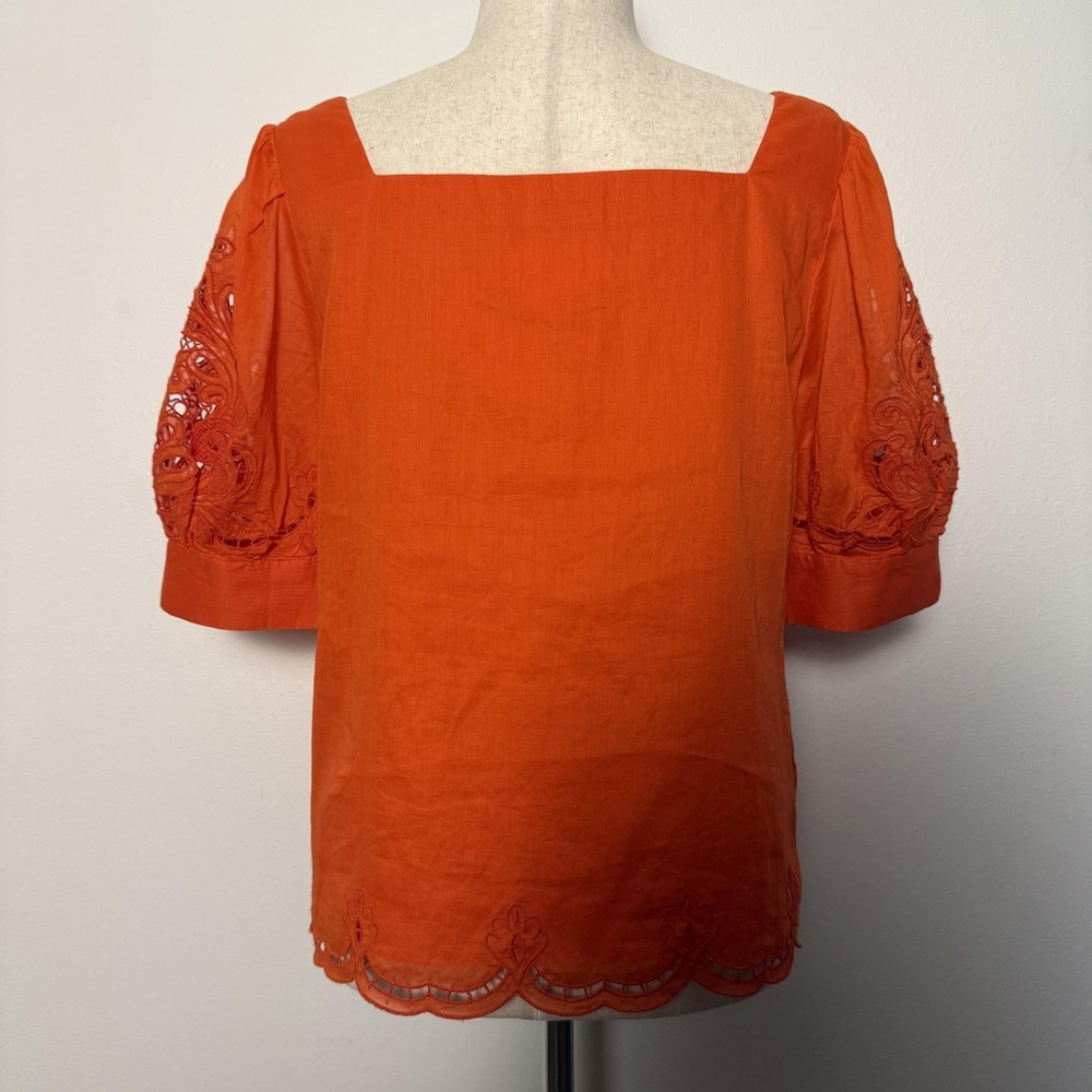 By Anthropologie Blouse Womens Small‎ Orange Embroidery Cutwork Peasant Bohemian - Picture 3 of 9
